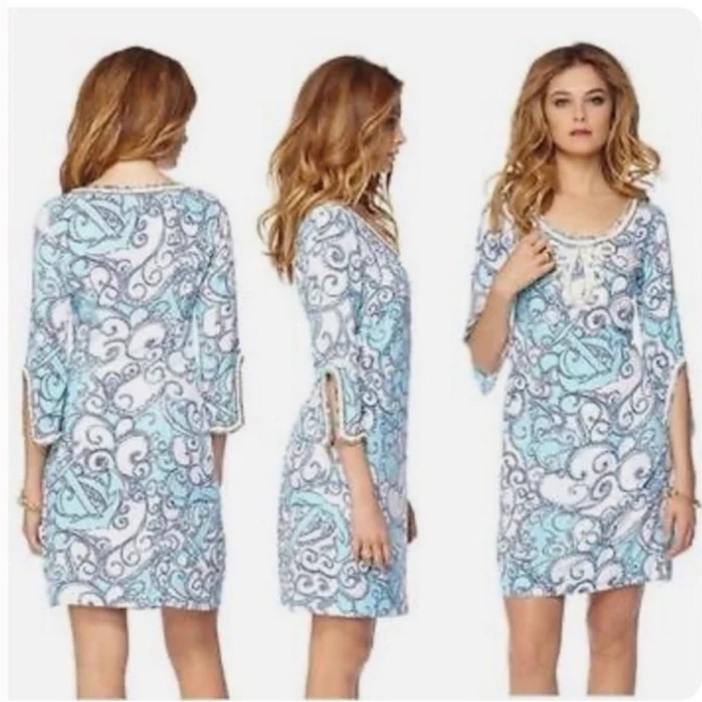 Lilly Pulitzer Sarah Tunic Dress Beaded Jeweled Neck Line Sleeves M Pale Blue
